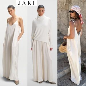 Jaki Audrey Satin Jumpsuit Ivory Wide Leg Resort Quiet Luxury Minimalist L / XL
